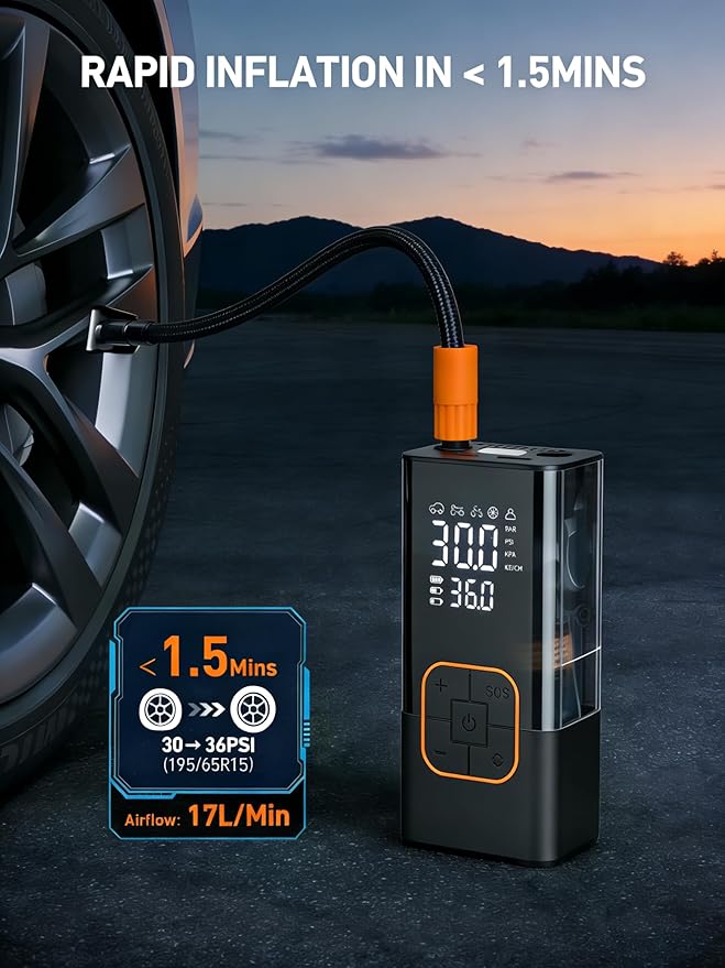 Tire Inflator Portable Air Compressor Cordless Mini Bike Pump with Digital Display, 150 PSI Car Tires Air Pump with Pressure Gauge, LED Lights & Pressure Gauge for Car, Motorcycle, Bike, Balls
