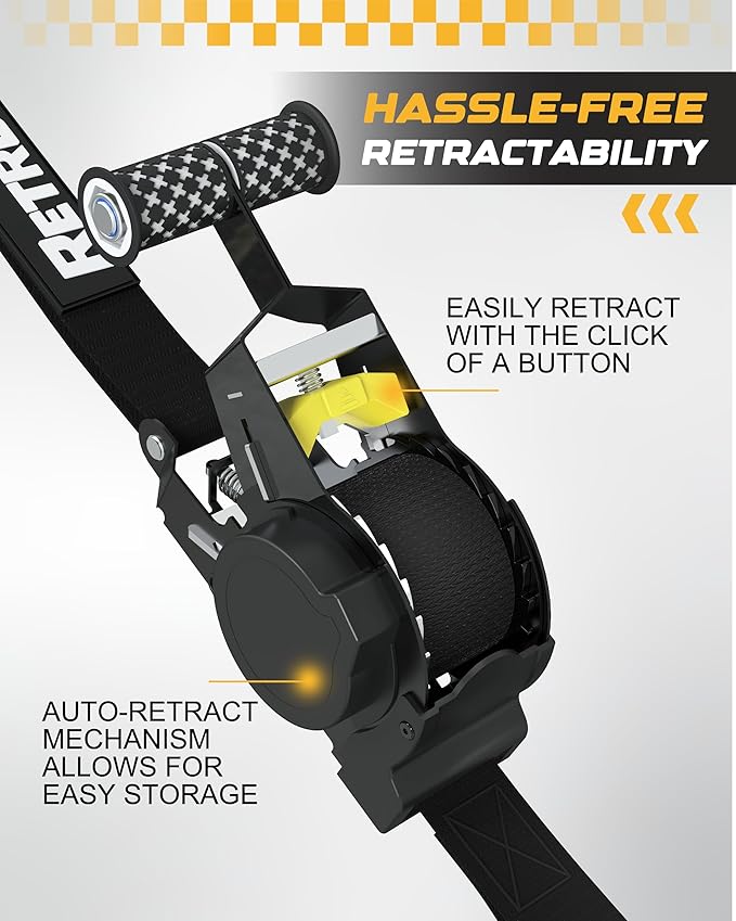 RETRUE Heavy Duty Self-Retracting Ratchet Straps, 10 Feet Retractable Ratchet Tie Down Straps with 1,500lb Break Strength for Trailers, Motorcycles, ATVs, Moving, Cargo Handling & More, Black (4 Pack)