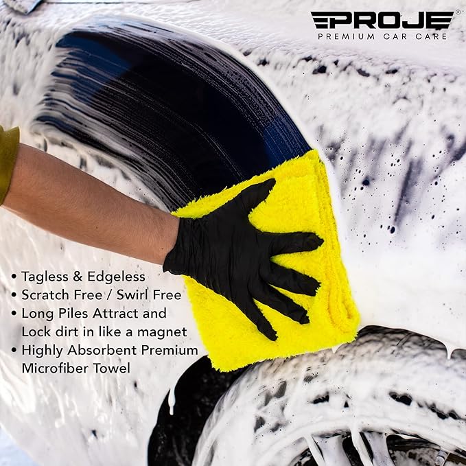 PROJE' Yellow Microfiber Towel for Car - Ultra Absorbent - Car Drying, Polishing, Buffing Cloth & Interior Detailing Towel - 500 GSM 16x16in - Auto Detailing Supplies - Pack of 6 Premium Car Care
