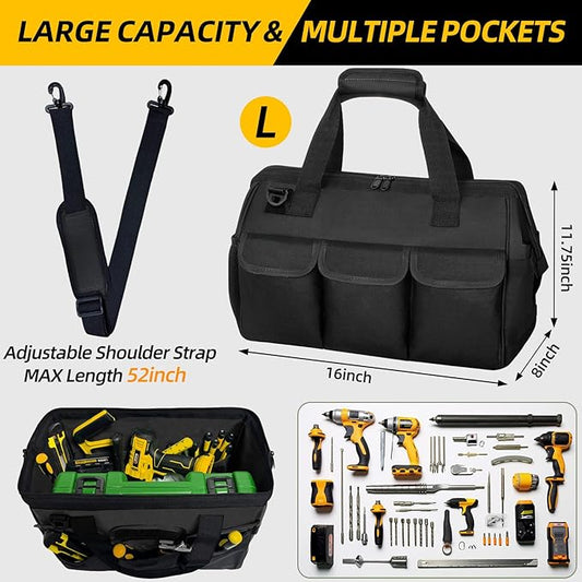 NECKORY Tool Bag, Portable Tool Box Organizer Adjustable Shoulder Strap, Carry Tool Tote Heavy Duty Tool Storage Bag With Wide Mouth Double Zipper,Tool Bags for Men Mechanic Engineer Gift - L, Black
