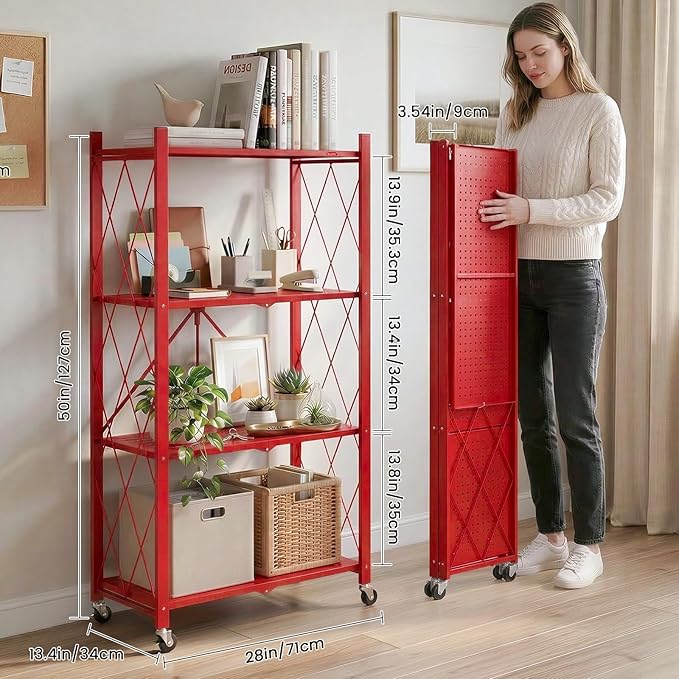 DEANIC 4 Tier Foldable Storage Shelves with Wheels, Large Capacity Shelving Unit, Freestanding Metal Wire Shelf Rack, No Assembly Organizer Rack for Garage Kitchen, Basement(Red)