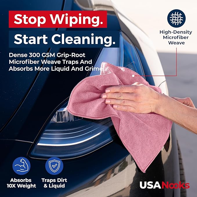 USANOOKS Microfiber Cleaning Cloth Light Pink - 24 Pcs 12.5"x12.5" - High Performance - 1200 Washes, Ultra Absorbent Towels Weave Grime & Liquid for Streak-Free Mirror Shine - Car Washing Cloth