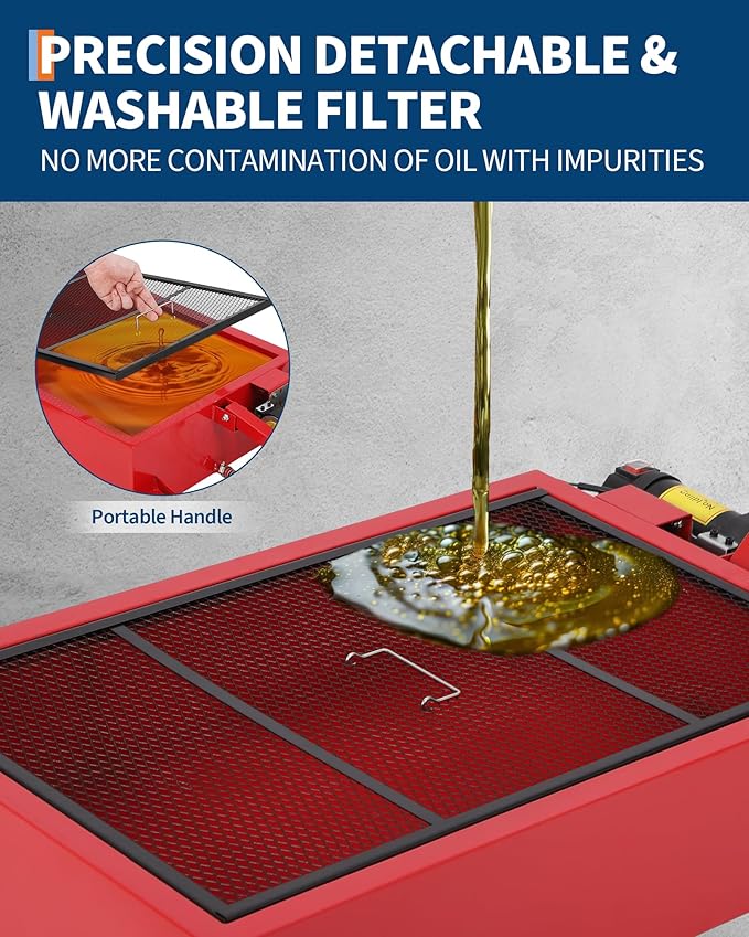 GarveeTech Low Profile Oil Drain Pan 110V, 25 gal Metal Oil Change Pan Large Capacity with 180W Electric Pump, 8 ft Hose & Folding Handle for Cars, SUVs, Trucks, Buses, RVs, Red
