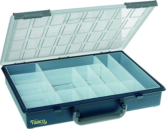 Raaco Assorter Tool Box Organizer – Full-Size –15 Slots Adjustable Grid, Semi-Transparent Lid, Polypropylene (PP) Storage Box for Screws, Nuts and Bolts, Small Parts & Hardware (Assorter 55 4x8-15)