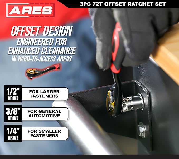 ARES 42147-3-Piece 72 Tooth Offset Ratchet Set - Chrome Vanadium Tools, Offset Handles - Quick Release for Easy Socket Change - Reversible Design - 5 Degree Swing – Automotive Ratchet Set