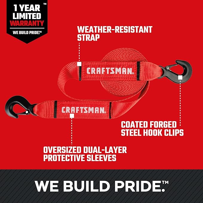 Craftsman CMXAZBS2002 Black/Red 2” x 20’ Recovery Tow Strap with Coated Steel Hook Clip Ends - 3,000 lb Safe Wortking Load / 9,000 lb Break Strength