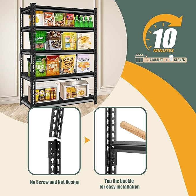 5-Tier Garage Shelving Heavy Duty，40" Metal Shelving Unit for Garage, 2250 lbs Load Capacity Utility Rack Shelves＆ Garage Shelves, 40”W x 18”D x 72”H(Black)