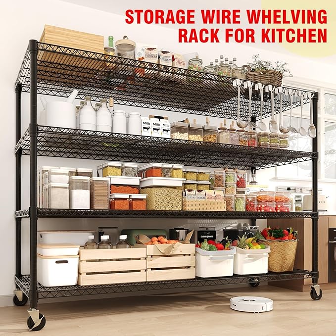 59"W Storage Shelves 2640LBS Heavy Duty Garage Shelving Units with Wheels, 4-Tiers Wire Shelving Rack Metal Storage Shelves with Adjustable Shelf, for Garage Pantry Kitchen Commercial Industrial