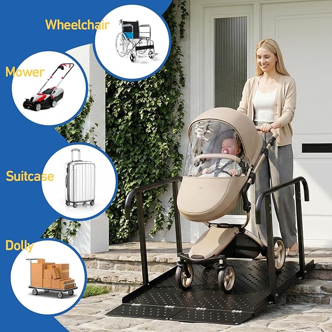 Wheelchair Ramp with Handrails, Heavy Duty Mobility Ramp for Steps & Curbs, Up to 770lbs Capacity, Non-Slip Surface with Reflective Strips for Wheelchairs, and Walkers, 49" L x 36" W