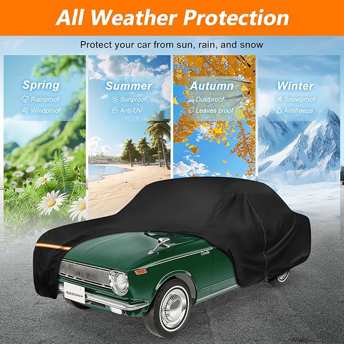 Car Cover for Toyota Corolla 1966-1981 E10-E60 / Pontiac T1000 1981-1987, Waterproof 420D Oxford Cloth Outdoor Full Car Cover with Zipper, Windproof Heavy Duty All Weather Protection