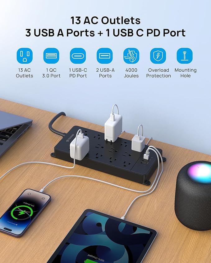 TROND Surge Protector Power Strip 15 ft, Flat Plug Extension Cord with 32W USB C & QC 3.0 Charger, 4000 Joules, ETL Listed, 13 Wide Spaced Outlets, Heavy Duty, Wall Mount for Home Office, Black