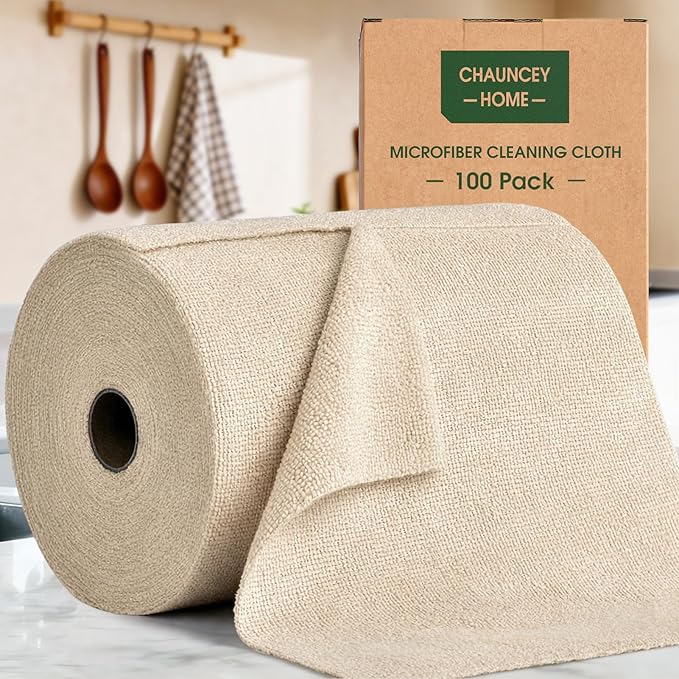 Microfiber Cleaning Cloth Roll - 100 Pack Tear Away Microfiber Paper Towels, Reusable, Washable, Scratch-Free, Kitchen Towels for Car, Home, Kitchen, Glass, Dishes(Desert Gold)