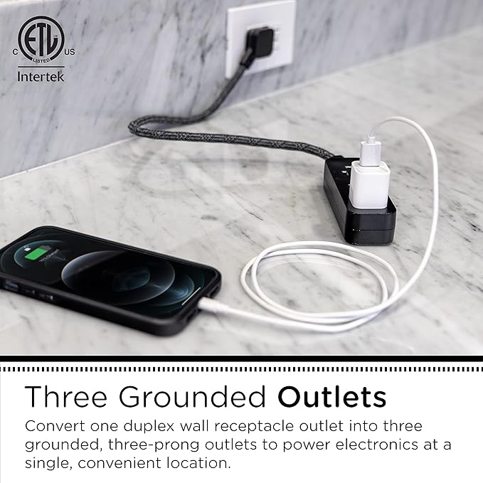 Cordinate Designer Mini 3-Outlet Power Strip, 18 in Braided Extension Cord, Grounded Adapter, Low-Profile Flat Plug, ETL Listed, Black/Dark Heather, 47298