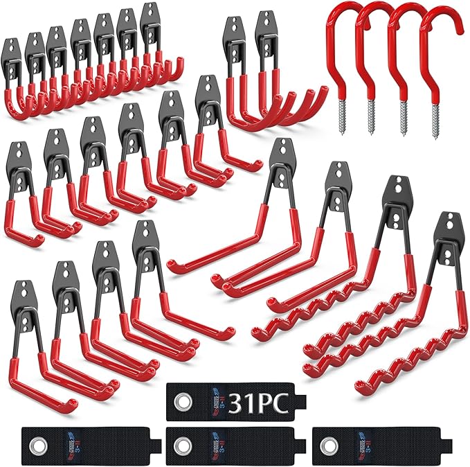 3-H Garage Wall Hooks Heavy Duty 31 Pack, Anti-Slip Steel Wall Mount Storage Hooks for Hanging Ladder Garden Yard Tools, Utility Organizer for Garage Lawn Shed(Red)