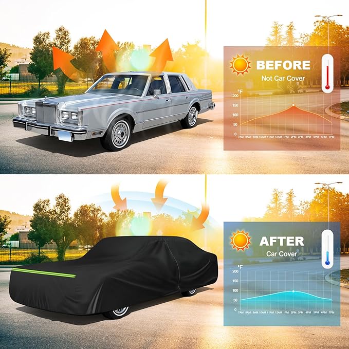 QUNSUNUS Car Cover for Lincoln Town 1981-2012, Waterproof Car Covers with Cotton Lining, All Weather Town Cover with Straps and Zipper for Wind, Sun and Dust Protection