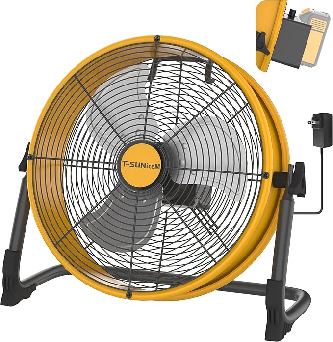 16" Battery Operated Floor Fan Compatible with Dewalt 20V Max Battery, Portable Fan with AC Adapter and USB Output, Metal Industrial High Velocity, Stepless Speed Cordless Fan for Jobsite Camping