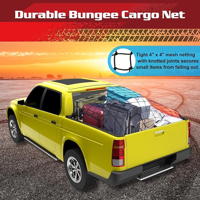 ANALIM Cargo Net for Pickup Truck Bed, 4' x 6' Stretches to 8' x 12' Heavy Duty Bungee Cargo Net with 12 Pcs Metal Carabiner Clips, Tie-Down Mesh Cord Net for Trailer Luggage