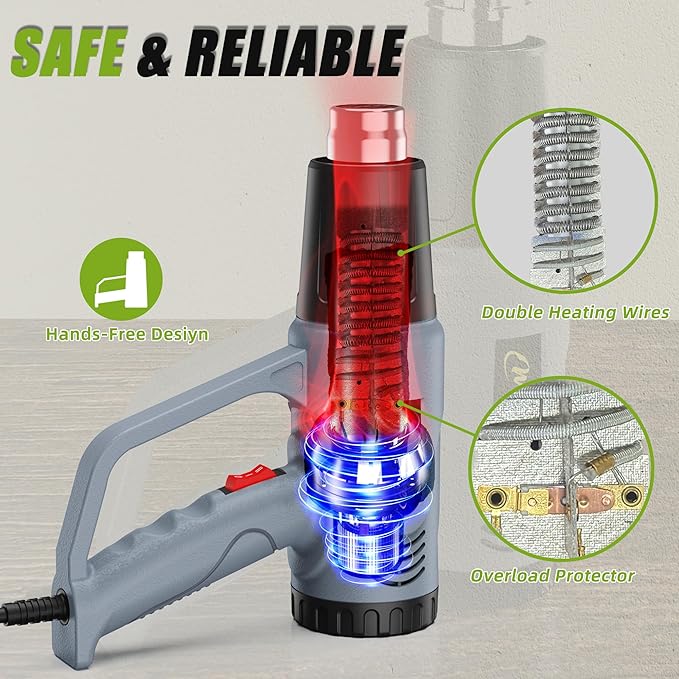Heat Gun, 10Ft power cord Heavy Duty Hot Air Gun 572&1112℉ Dual Temperature Control 4 Nozzels & Paint Scraper Overload Protection for Paint Stripping,Crafting, vinyl wrap