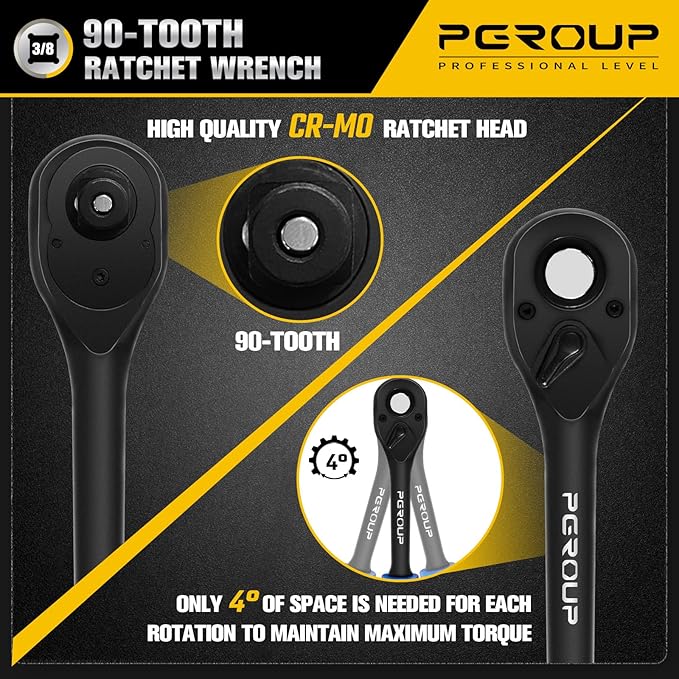 3/8" Drive 90 Tooth Ratchet Wrench, Quick Release Ratchet Wrench with Ergonomic Rubber Handle, 4-Degree Swing Reversible Ratchet, Chrome Alloy Made