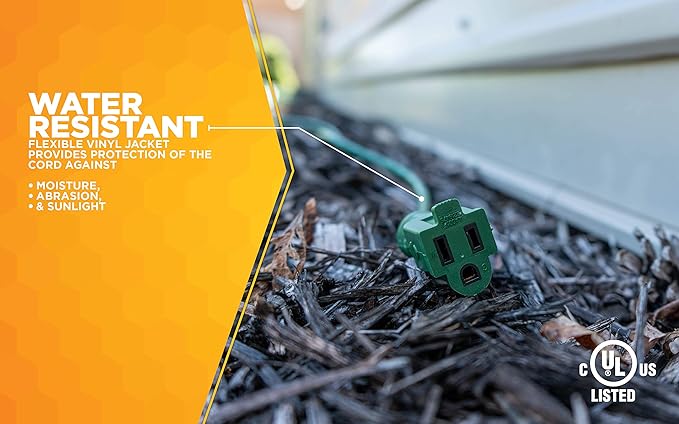 Woods Yard Master Extension Cord - Flexible Power for Patio & Landscape Use - Light Duty - SJTW Extension - 16 Gauge - 3 Prong - Green - 80 Foot