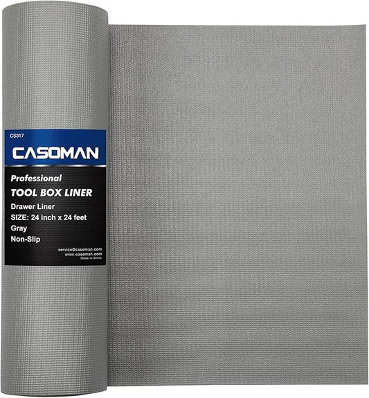 CASOMAN Professional Tool Box and Drawer Liner, Grey, Easy Cut Non-Slip Foam Rubber Toolbox Drawer Liner Mat - Adjustable Thick Cabinet Liners, 24inch (Wide) X 24feet (Long)