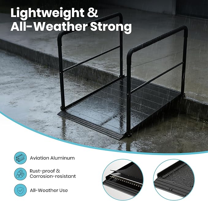 3FT Wheelchair Ramp with Handrails, Heavy Duty 800 lbs Capacity, Aluminum Threshold Ramp for Home Steps, Doorways & Curbs - Semi-Permanent Non-Slip Access for Wheelchairs, Scooters, Seniors & Disabled
