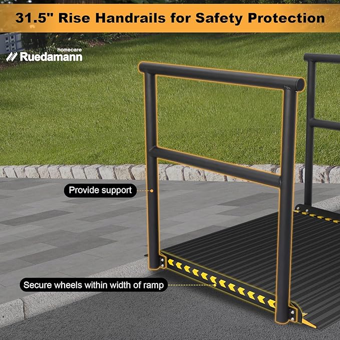 Ruedamann 3'L x 36" W Wheelchair Ramp with Handrails, Aluminum Wheelchair Ramps for Steps, Portable Wheelchair Ramps for Home Steps,Non-Slip Handicap Ramps for Stairs, Doorways, Walkers, Black