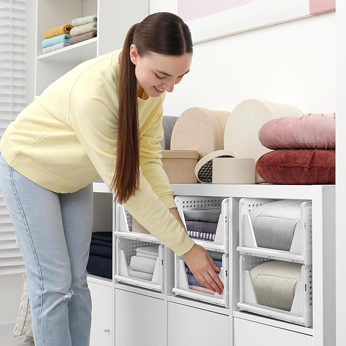 Sorbus 4 Pack Medium Shelf Organizer with Open Front Design Under Shelf for Closet Bathroom Kitchen Garage Plastic Stackable Storage Baskets