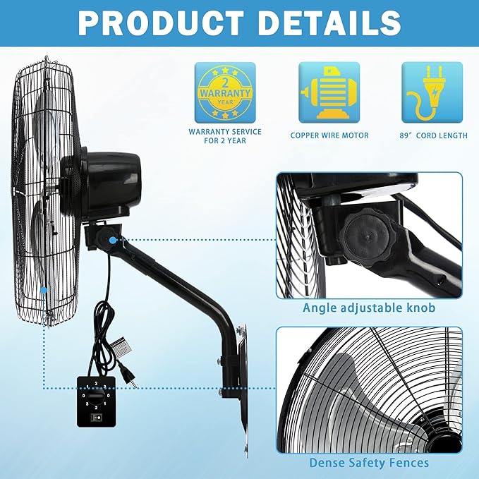 Bestronair Wall Mount Fan Oscillating with 7100CFM, Industrial Heavy Duty Metal 3 Speed Fan, 20 Inch High Velocity Adjustable Tilt, Use for Garage, Workshop, Warehouse, Patio, Factory and Homes
