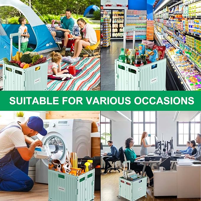 MACOPRO Folding Utility Cart Portable Rolling Crate Handcart Shopping Trolley Collapsible Tool Box, with Lid, Basket on 4 Rotate Wheels, for Grocery, Office, Teacher, Travel Shop Move Luggage (Green)