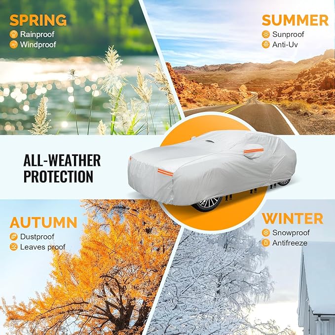 30 Layers Car Cover for Automobiles All Weather Waterproof, Outdoor Snowproof UV Protection Windproof, Door Zipper, Soft Cotton, Heavy Duty Universal Car Covers, (Silver, Fit Sedans 181"-190")