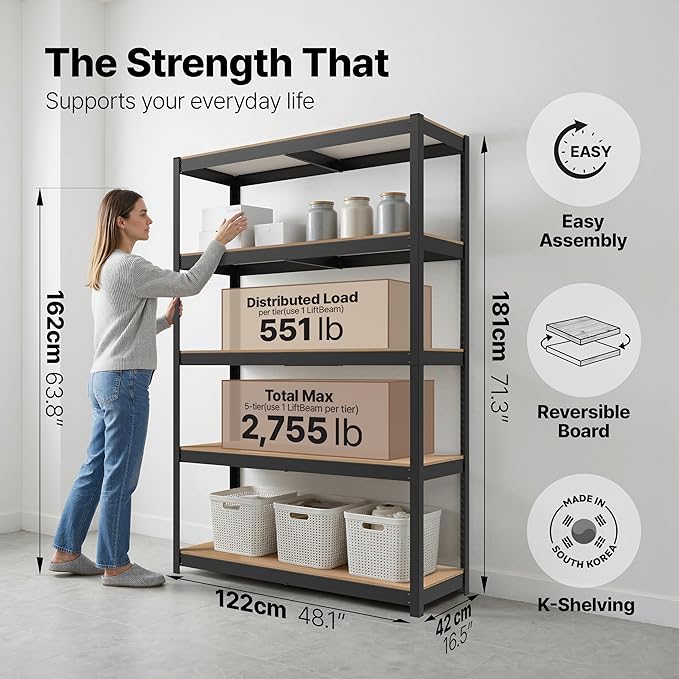 HOMEDANT House 48.1" W 5 Tier Heavy Duty Garage Shelving Adjustable Metal Rack Storage Shelves Standing Shelf Unit Organizers Industrial Warehouse Basement Black 2Pack