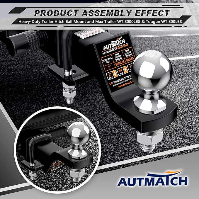 AUTMATCH Trailer Hitch Ball Mount with 2 Inch Hitch Ball - Fits 2" Receiver and 2-Inch Drop Tow Hitch, 8000Lbs Capacity Ball Hitch, Hitch Tightener with 5/8" Anti-Theft Hitch Lock Pin, Black