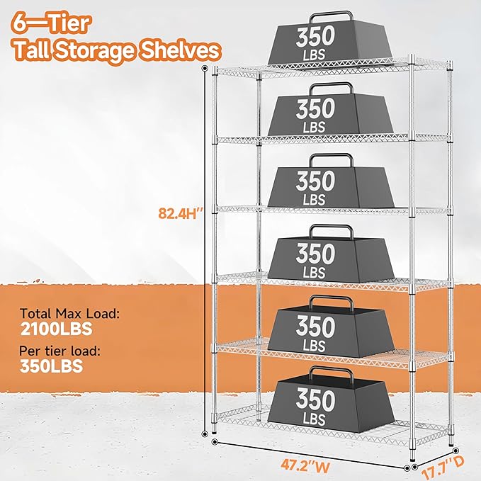 M MZG 6 Tiers Storage Shelves Load 2100LBS, Metal Shelving Wire Metal Shelving Unit Shelves for Storage Adjustable Garage Shelving for Pantry Kitchen Garage Chrome 17.7" D x 47.3" W x 82.4" H