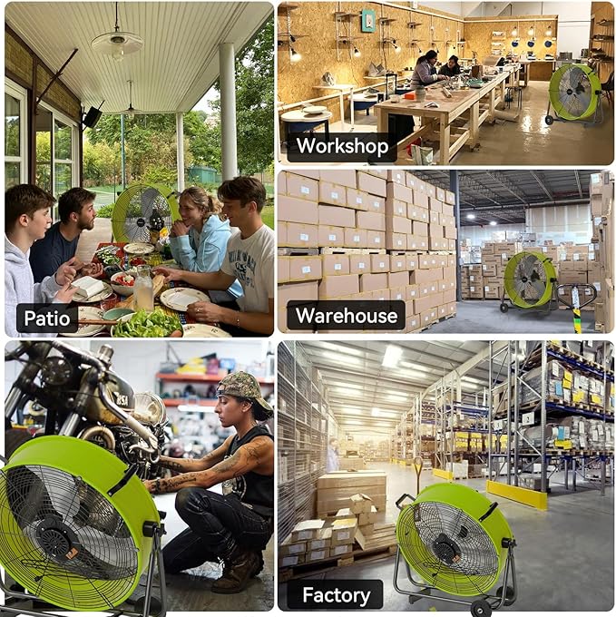 24 Inch Industrial Drum Fan 8800 CFM High Velocity Floor Fan for Garage, Warehouse & Workshop - 3-Speed Heavy Duty Metal Fan with 360° Tilt, Wheels & UL Safety Listed