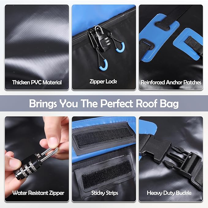 Rooftop Cargo Carrier, 22 Cubic Ft Car Roof Cargo Carrier for All Vehicles, 840D Waterproof Car Top Carrier with Anti-Slip Mat, 6 Hooks, Storage Bag,Zipper Lock for Tripping & Moving - Blue