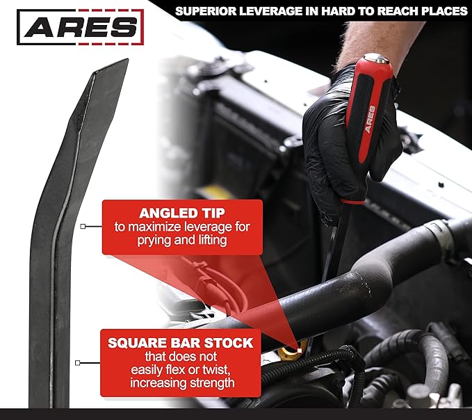 ARES 46006-12-Inch Pry Bar - Angled Tip for Lifting and Prying - Comfortable Non-Slip Double Injection Handle