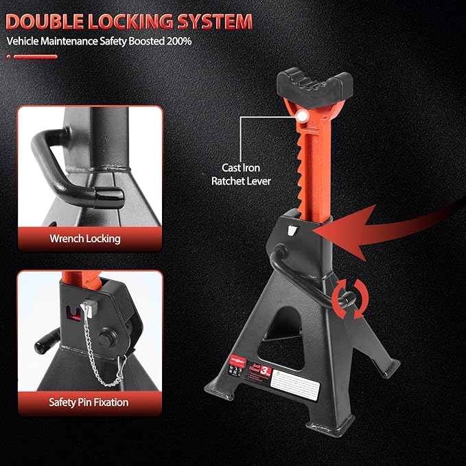Car Jack Stands 3 Ton (6,600 lbs) with Double Locking Large Foot Base Gloves,Heavy Duty Car Jack Stand with Rubber Pads, Adjustable 11.22"-16.54" Jack Stands for Trucks,SUV, MPV,Home Garage,1 Pair