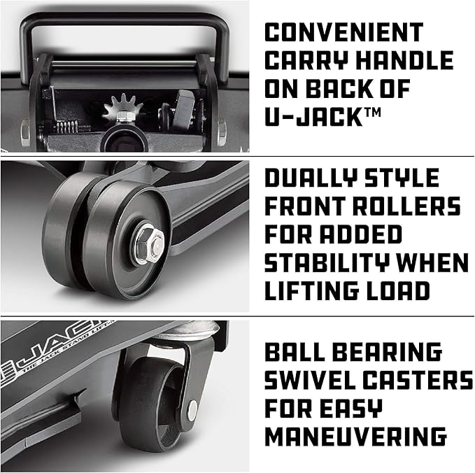 Powerbuilt 2 Ton U-Jack Garage Jack, 3000 LBS Loading Capacity, Lift Range: 4-1/2-Inch to 18-3/4-Inch, Unique Saddle for sliding jackstand into - 620516