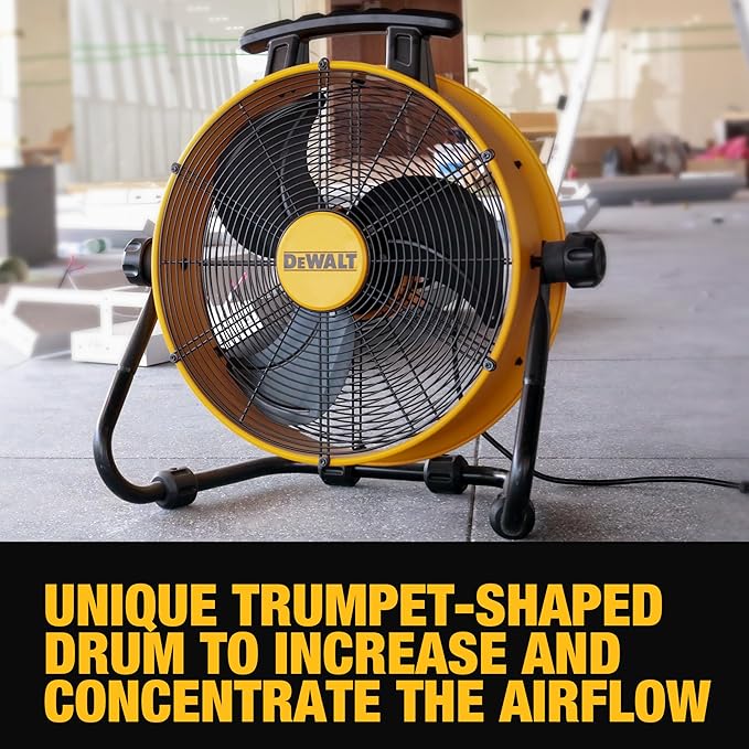 DEWALT DXF1840 Floor Fan, Industrial Fans, 18 Inch High Velocity Fan with 3-Speed Heavy Duty Air Circulator and 180 Adjustable Tilt, Large Electric Metal Rotating Garage Fan, Drum fan for Work, Yellow