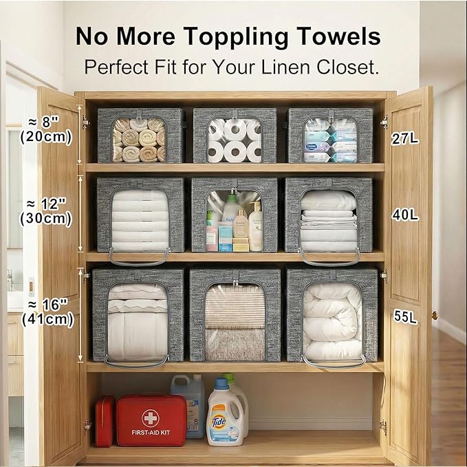 GoMaihe Clothes Storage Bins Metal Frame: 6-Pack Compact Stackable Closet Storage Bin with Lid & Clear Window, Space Saving Organizer for Sweaters Kids Clothing (Dorm/Closet 27L)