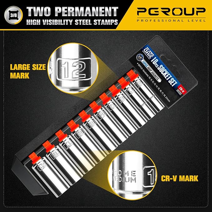 10PCS 3/8” Drive Deep Socket Set, Metric(10mm-21mm), 6-Point, Cr-V Steel, Chrome Plated Socket With Hanging Bracket, Cover Most Commonly Sizes