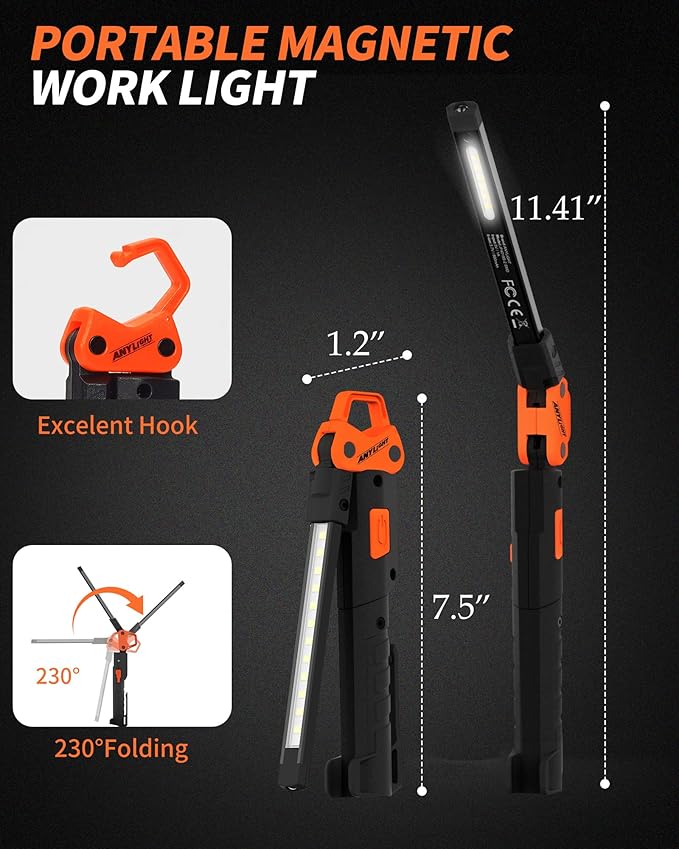 Rechargeable Work Light, 400LM Mechanic Work Light, Magnetic Flashlight with 230° Rotate and Hook Led Work Lights for Car Repairing, Emergency, Grill, Outdoor work (1 Pack)