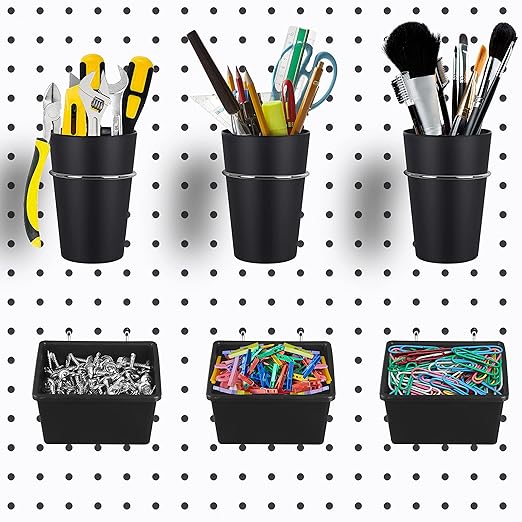 Kuhome 6 Sets Pegboard Bins with Hooks - Pegboard Organizer for Accessories, Tools, Storage - Office, Workshop, Garage - Black
