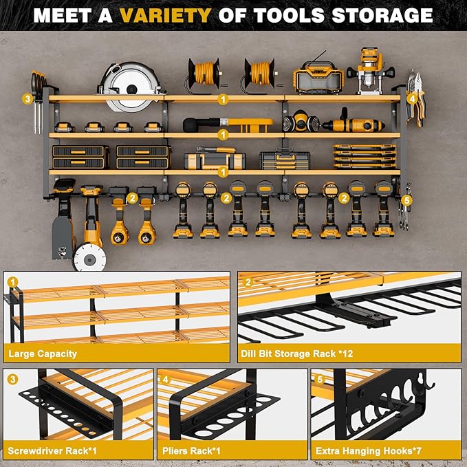 NattyDot 48" Large Power Tools Organizer Wall Mount,12 Drill Holder for Garage, Workshop Heavy Duty Storage Rack (Yellow)