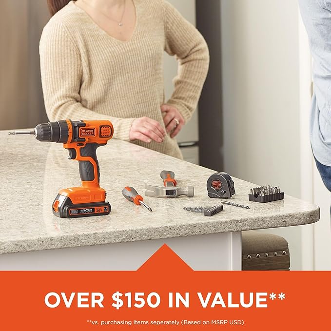 BLACK+DECKER 20V MAX 68-Piece Cordless Drill and Home Tool Project Kit with Tool Storage Bag (LDX120PK)