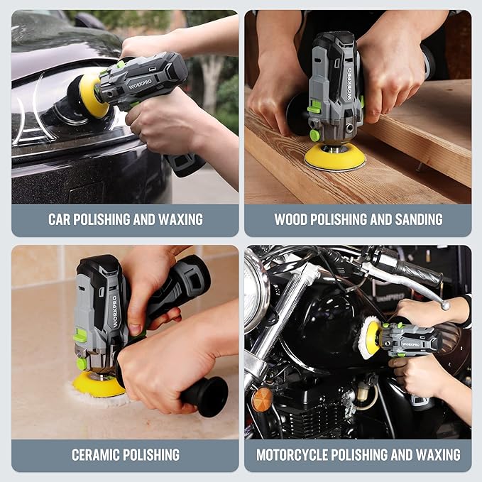 WORKPRO 12V Cordless Polisher, 3" Mini Car Detailing Buffer & Sander Machine Kit with 2 Li-Ion Batteries, Variable Speed Trigger for Auto/DIY Polishing/Sanding/Waxing