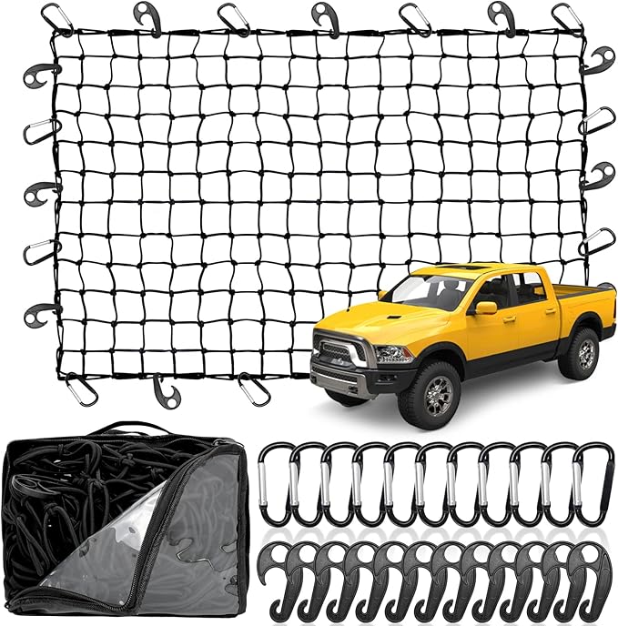 Cargo Net for Pickup Truck Bed, 4'x6' Stretches to 8'x12' Natural Latex Core Heavy Duty Bungee Cargo Net with 12 Carabiners +12 ABS Hooks, Compatible with Ford, Dodge, Chevrolet, Toyota, GMC