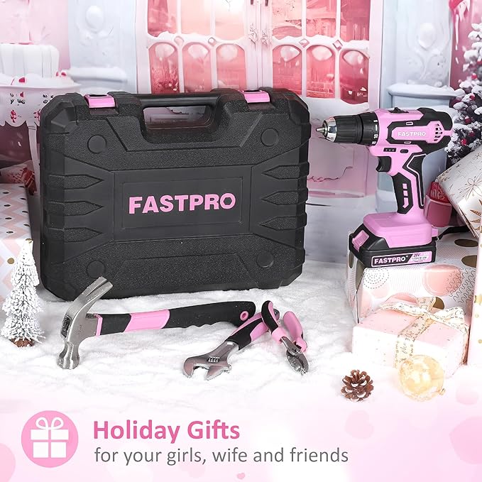FASTPRO 177-Piece 20V Pink Cordless Lithium-ion Drill Driver and Home Tool Set, Lady's Home Repairing Tool Kit with Drill in Storage Case