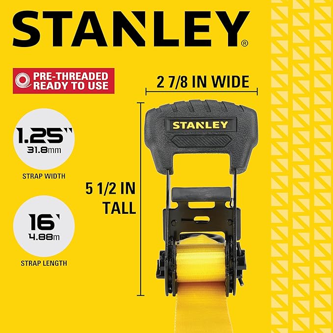 STANLEY S10204 1.25" x 16' Pre-Threaded Ratchet Straps - 1,000 LBS Safe Working Load / 3,000 LBS Break Strength, 4 Pack